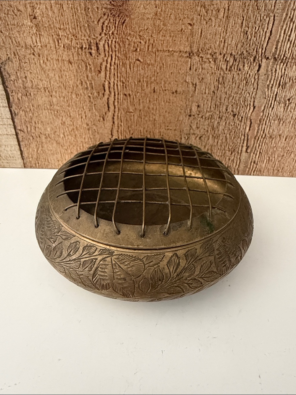 Brass Etched Floral Flower Frog Bowl Incense Burner